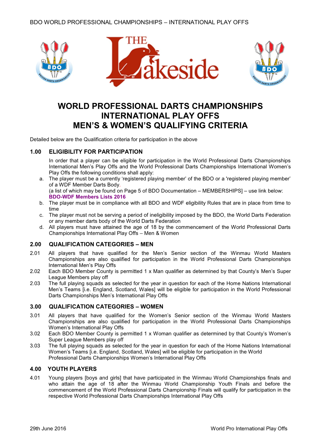 World Professional Darts Championships International Play Offs Men's & Women's Qualifying Criteria