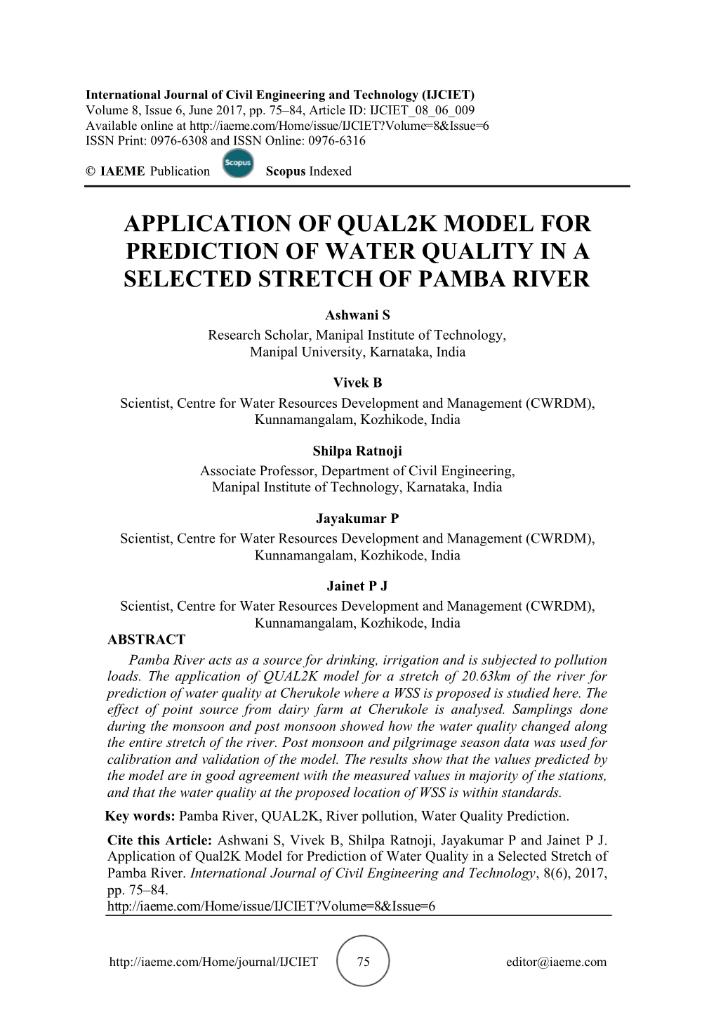 Application of Qual2k Model for Prediction of Water Quality in a Selected Stretch of Pamba River
