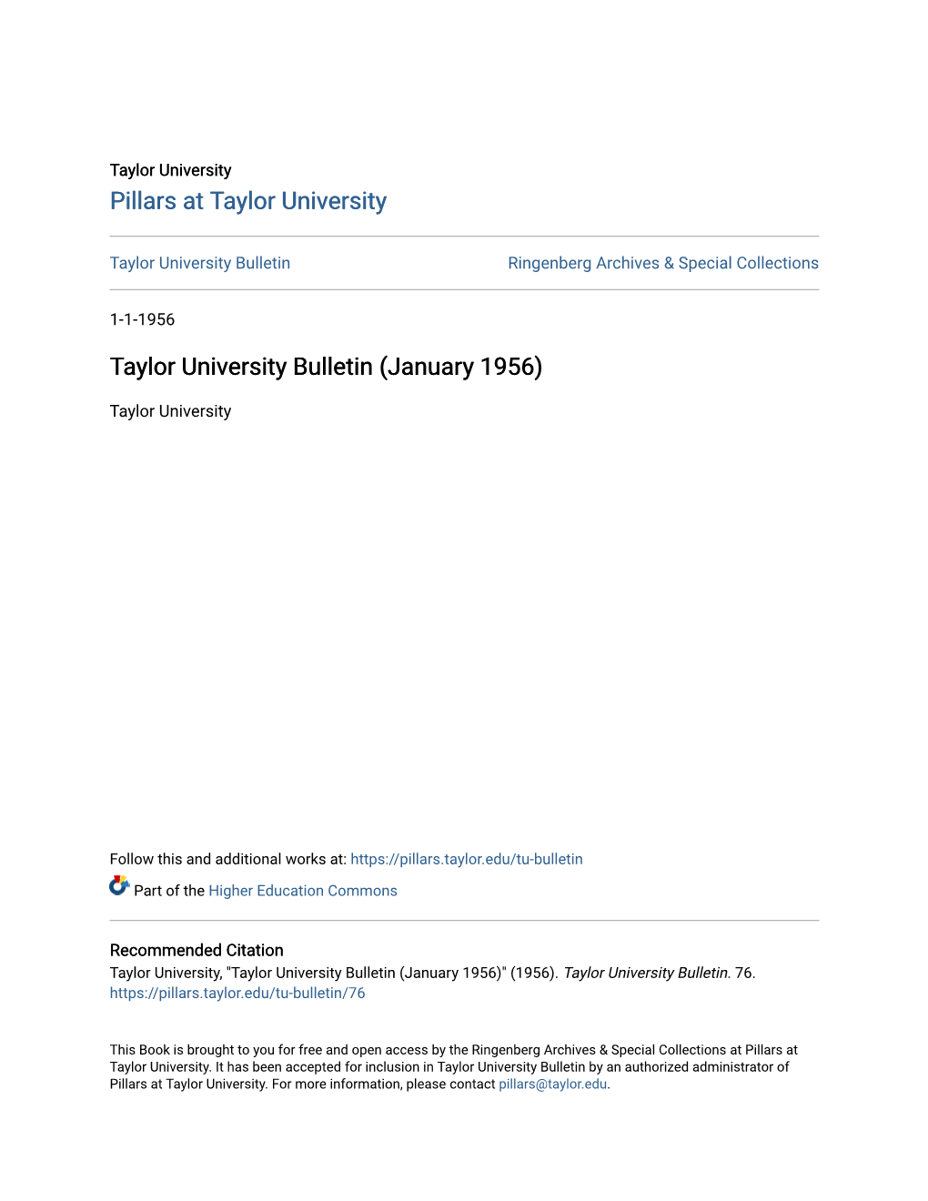 Taylor University Bulletin (January 1956)