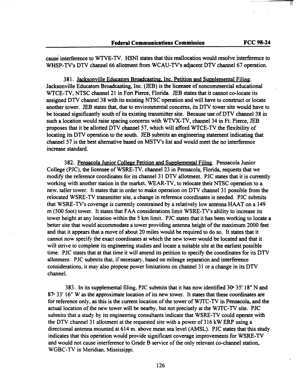 Federal Communications Commission FCC 98-24 Cause Interference to Wfve-TV