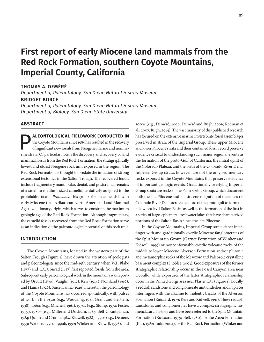 First Report of Early Miocene Land Mammals from the Red Rock Formation, Southern Coyote Mountains, Imperial County, California 89