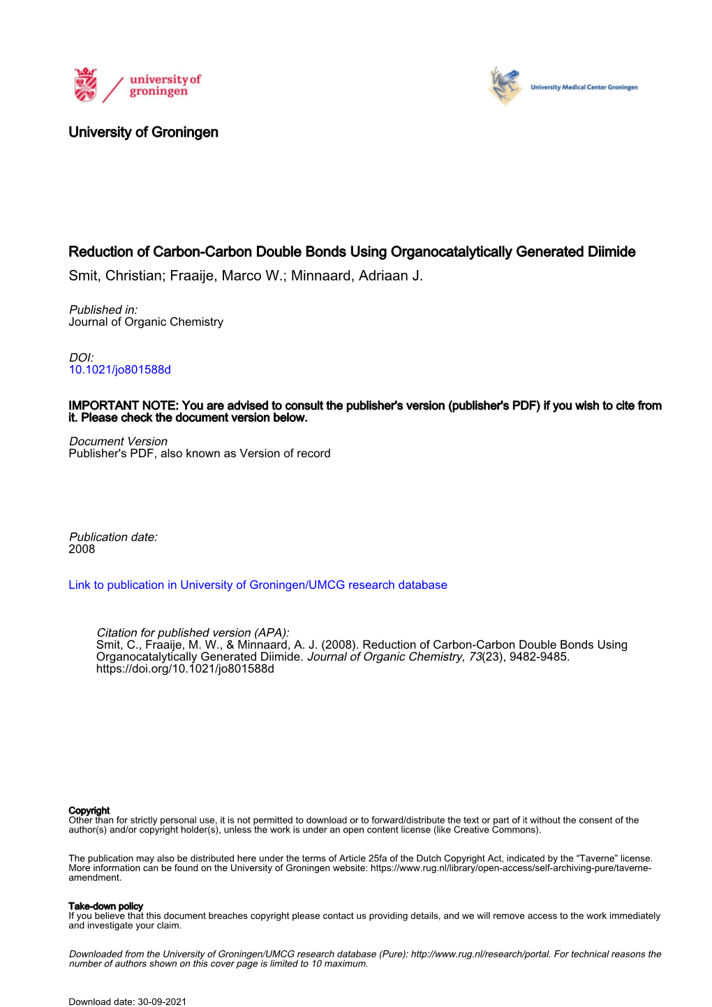 University of Groningen Reduction of Carbon-Carbon Double Bonds