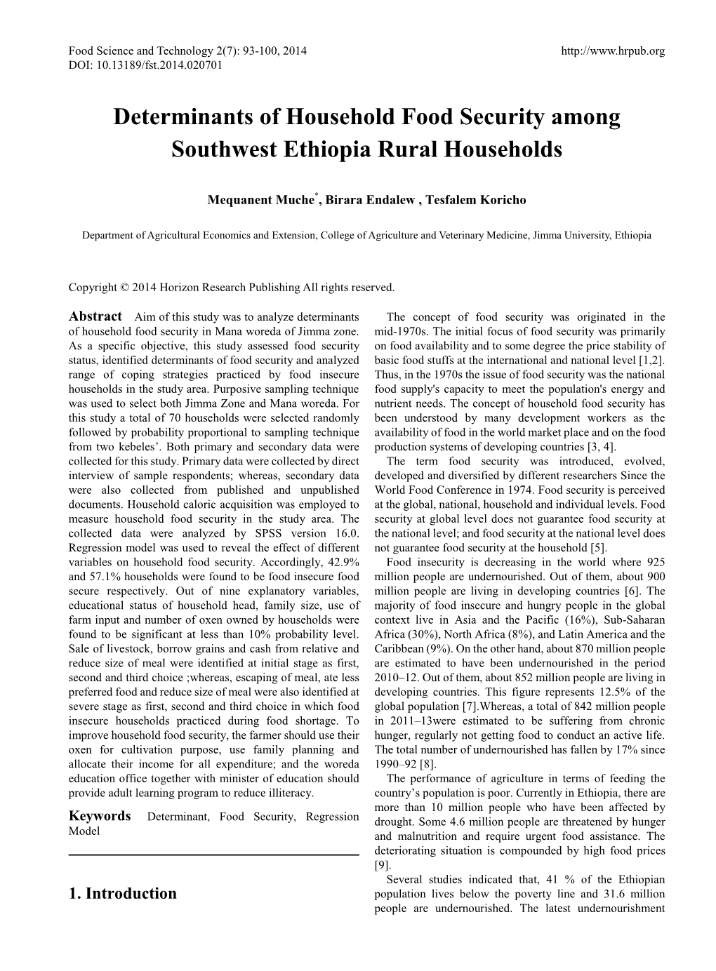 Determinants of Household Food Security Among Southwest Ethiopia Rural Households