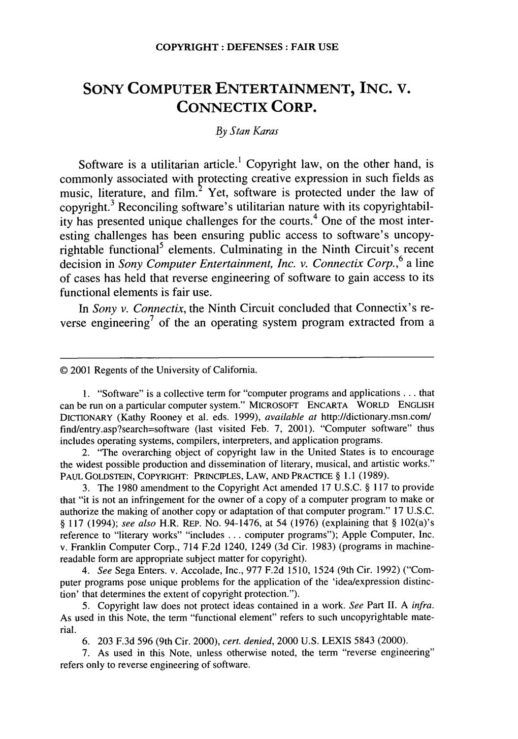 SONY COMPUTER ENTERTAINMENT, INC. V. CONNECTIX CORP. by Stan Karas