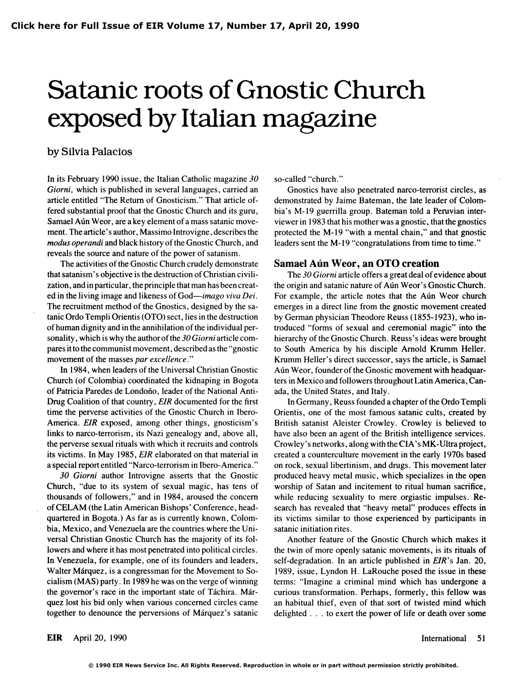 Satanic Roots of Gnostic Church Exposed by Italian Magazine