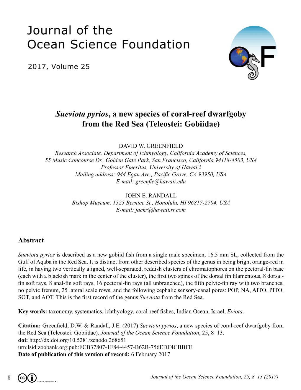 Sueviota Pyrios, a New Species of Coral-Reef Dwarfgoby from the Red Sea (Teleostei: Gobiidae)