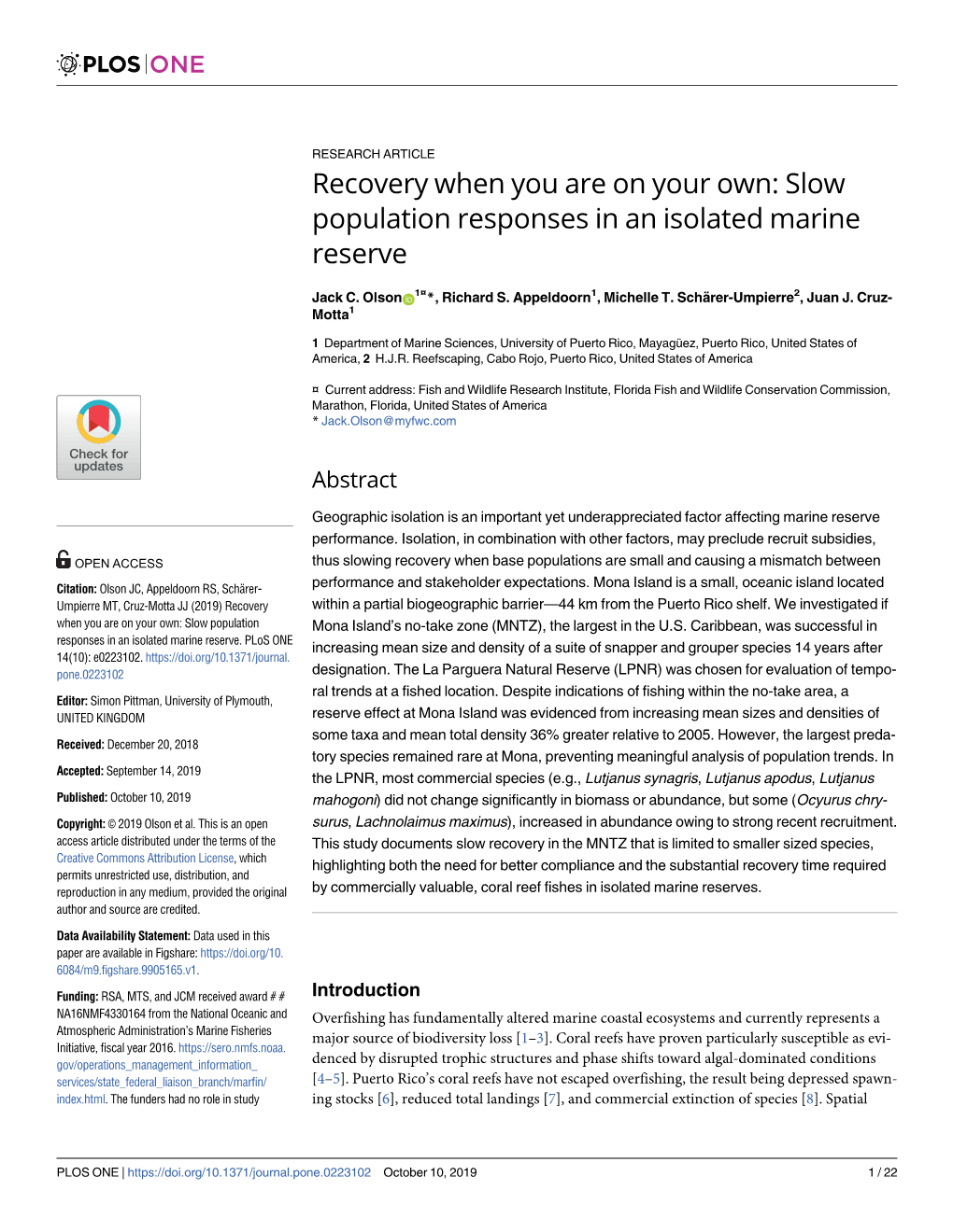 Recovery When You Are on Your Own: Slow Population Responses in an Isolated Marine Reserve