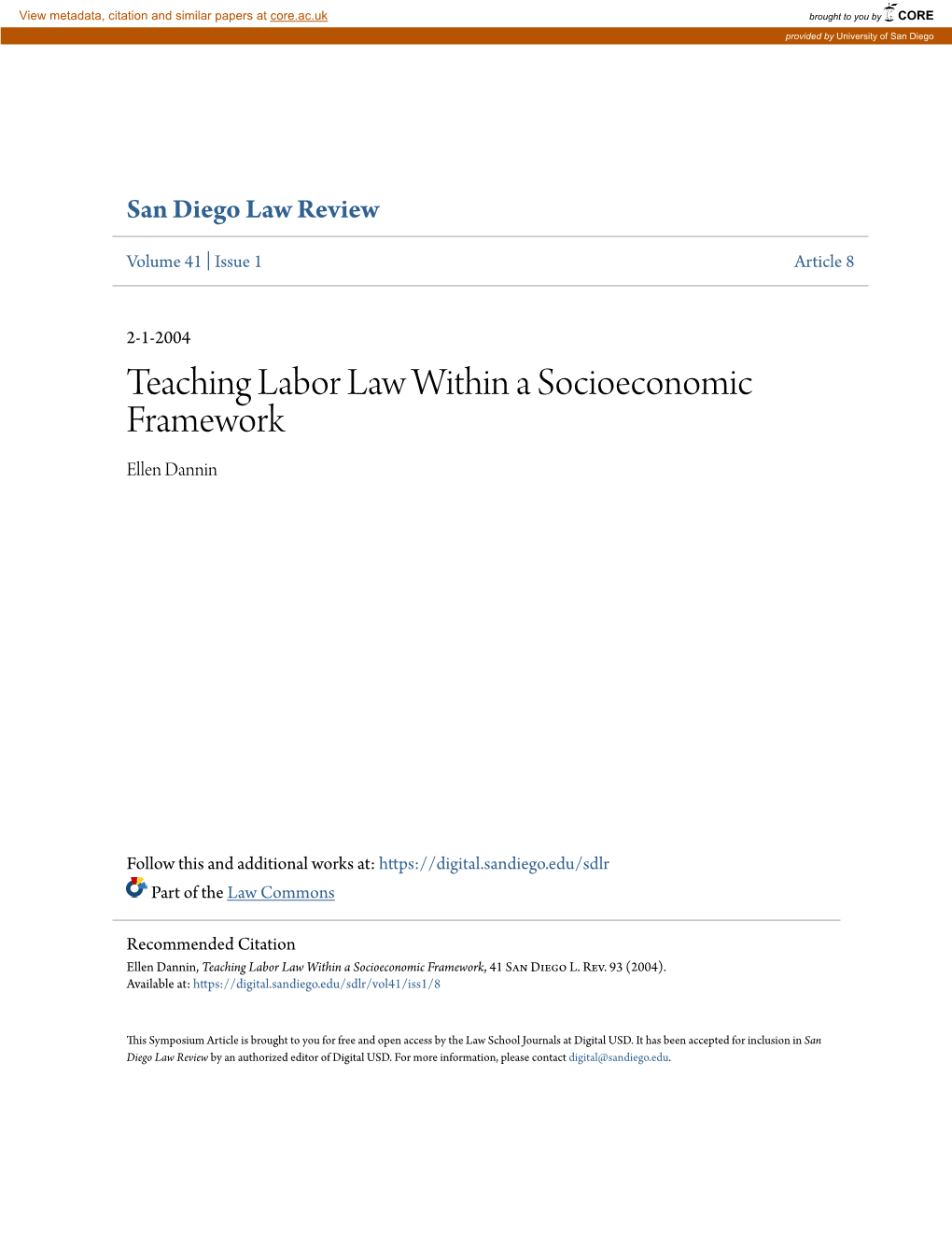 Teaching Labor Law Within a Socioeconomic Framework Ellen Dannin