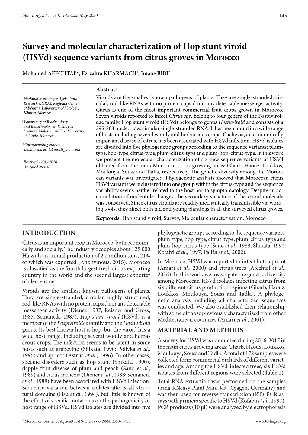 Survey and Molecular Characterization of Hop Stunt Viroid (Hsvd) Sequence Variants from Citrus Groves in Morocco