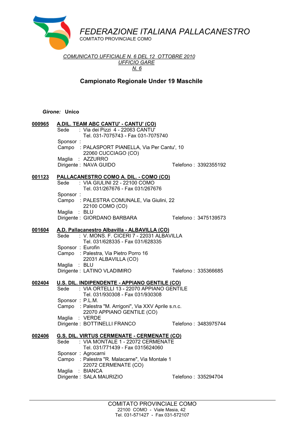 Federazione Italiana Pallacanestro Comitato Provinciale Como