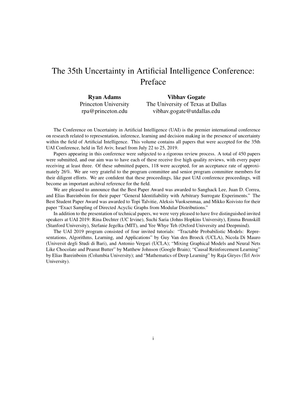 The 35Th Uncertainty in Artificial Intelligence Conference: Preface