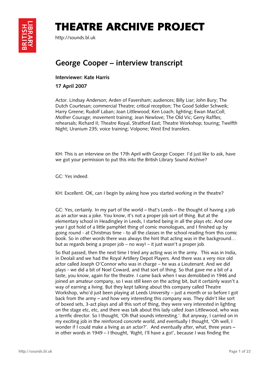 George Cooper – Interview Transcript