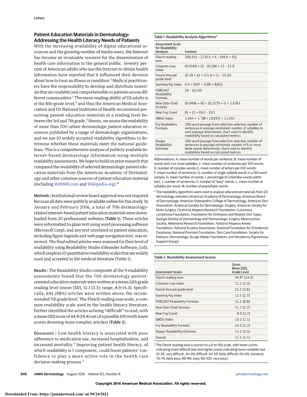 Patient Education Materials in Dermatology: Table 1