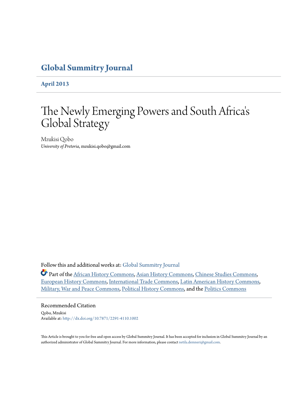 The Newly Emerging Powers and South Africa's Global Strategy