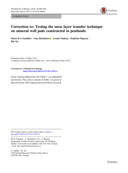 Correction To: Testing the Moss Layer Transfer Technique on Mineral Well Pads Constructed in Peatlands