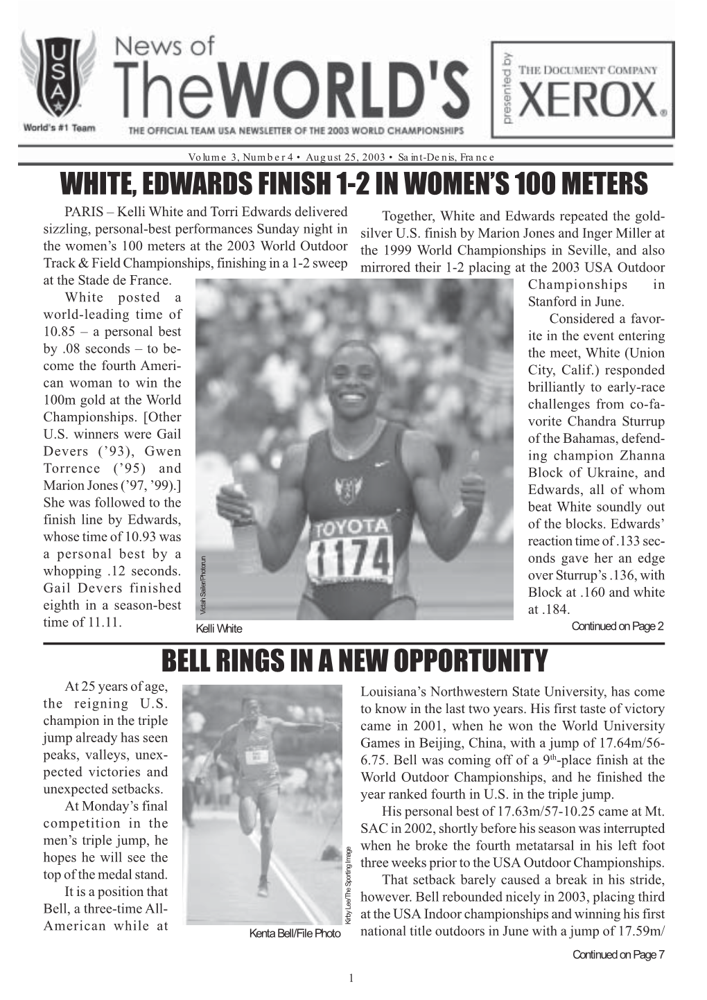 Bell Rings in a New Opportunity White, Edwards Finish 1-2 in Women's 100 Meters