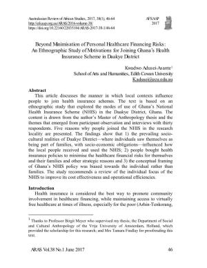 Beyond Minimisation of Personal Healthcare Financing Risks: an Ethnographic Study of Motivations for Joining Ghana’S Health Insurance Scheme in Daakye District