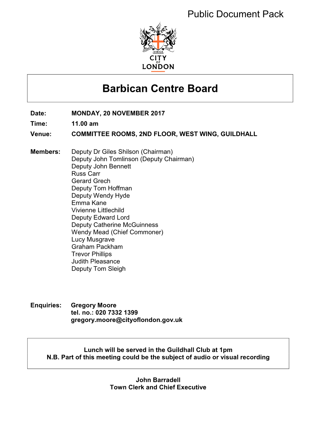 (Public Pack)Agenda Document for Barbican Centre Board, 20/11/2017