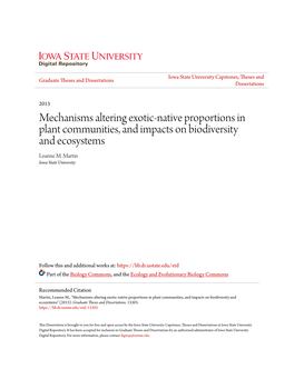 Mechanisms Altering Exotic-Native Proportions in Plant Communities, and Impacts on Biodiversity and Ecosystems Leanne M