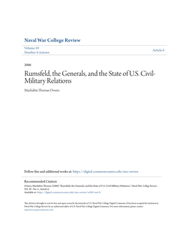 Rumsfeld, the Generals, and the State of U.S. Civil-Military Relations," Naval War College Review: Vol