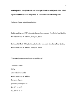 Development and Growth of the Early Juveniles of the Spider Crab Maja Squinado (Brachyura: Majoidea) in an Individual Culture System