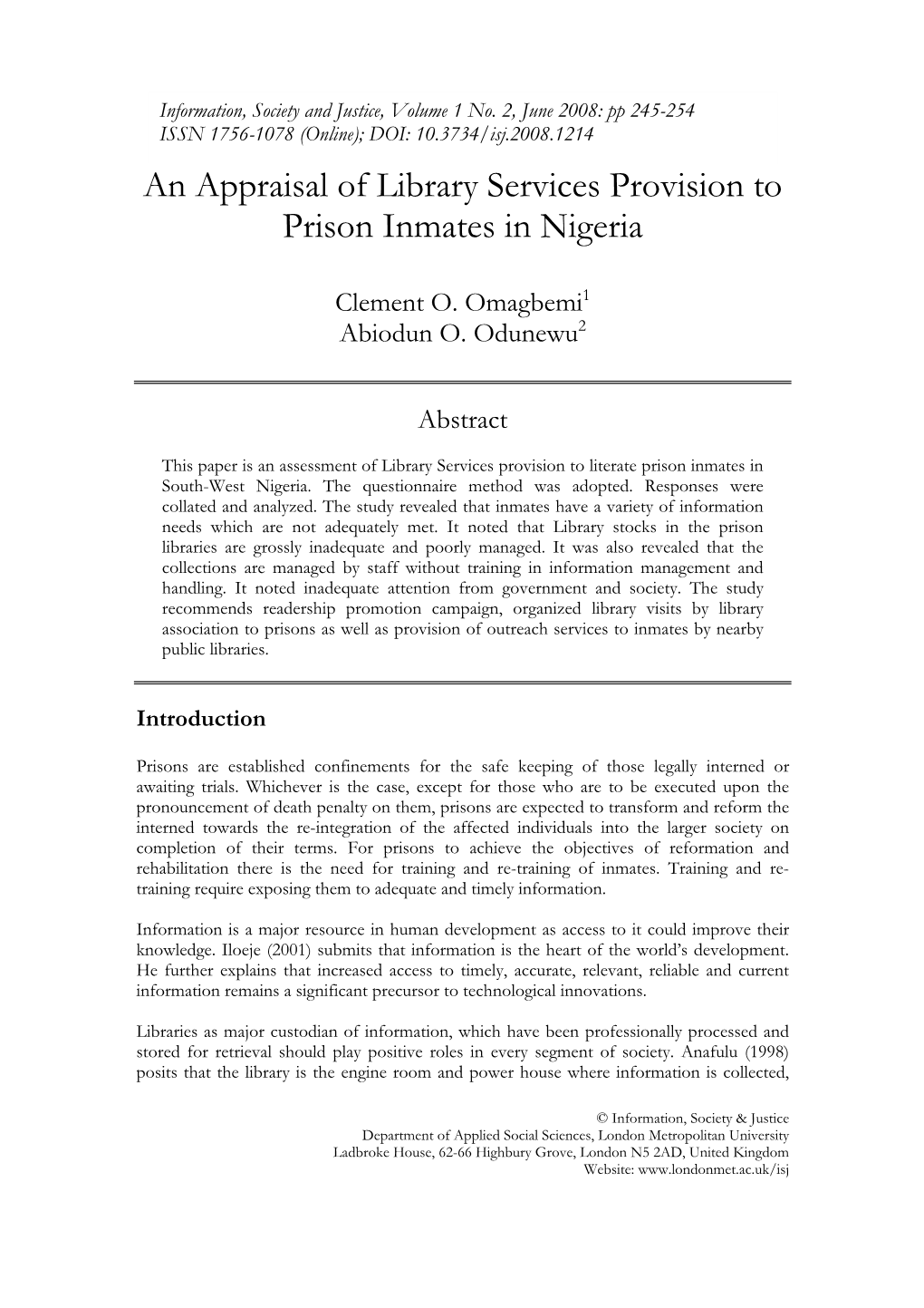 An Appraisal of Library Services Provision to Prison Inmates in Nigeria