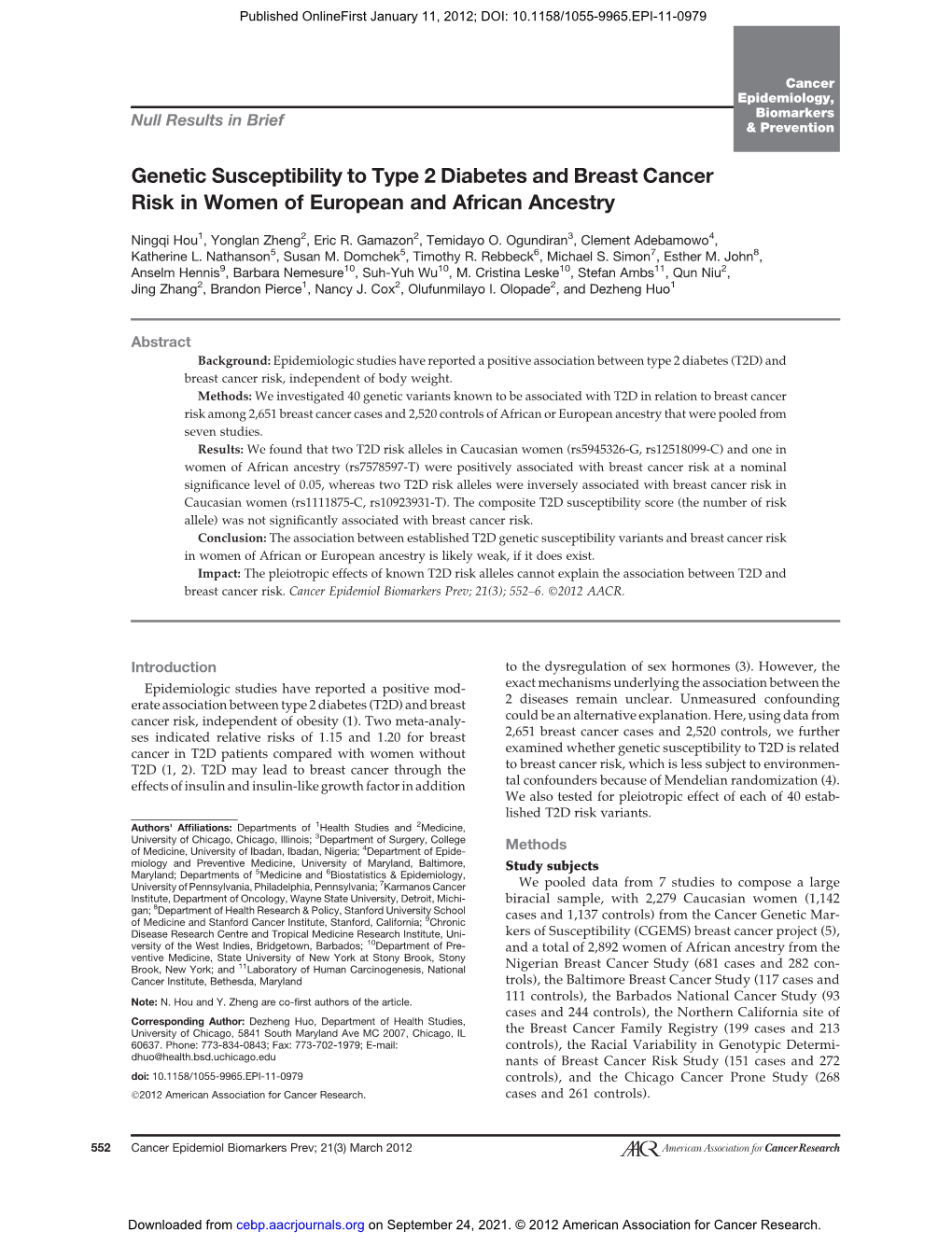 Genetic Susceptibility to Type 2 Diabetes and Breast Cancer Risk in Women of European and African Ancestry