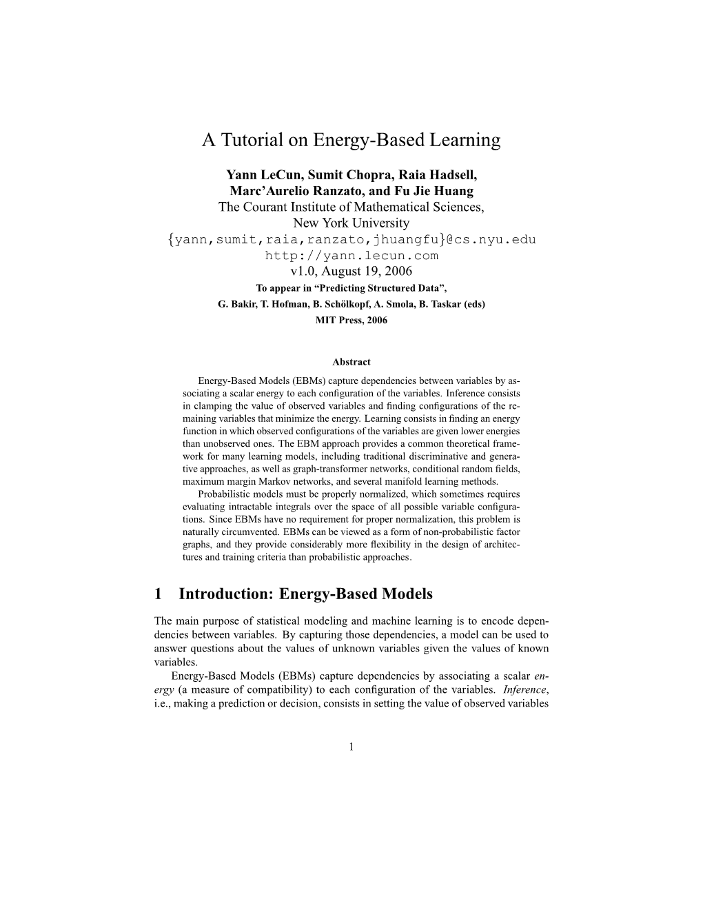 A Tutorial on Energy-Based Learning