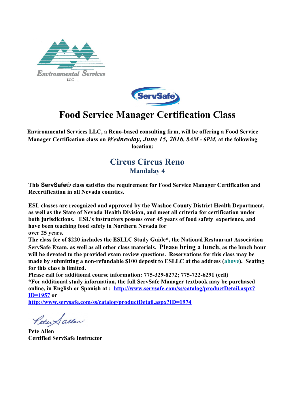 Food Service Manager Certification Class