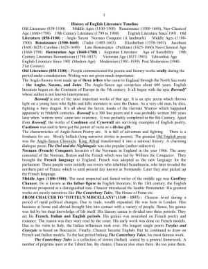 History of English Literature Timeline Old Literature (858-1100) Middle