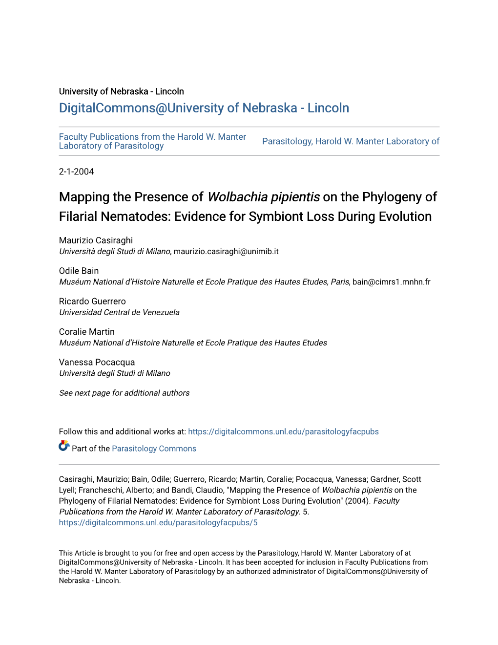 <I>Wolbachia Pipientis</I> on the Phylogeny of Filarial Nematodes