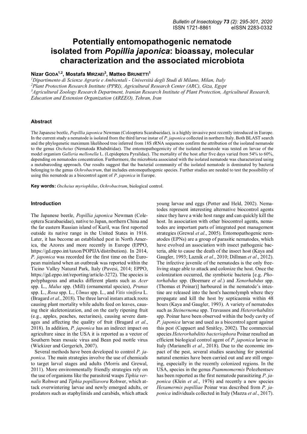 Potentially Entomopathogenic Nematode Isolated from Popillia Japonica: Bioassay, Molecular Characterization and the Associated Microbiota