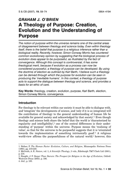 A Theology of Purpose: Creation, Evolution and the Understanding of Purpose