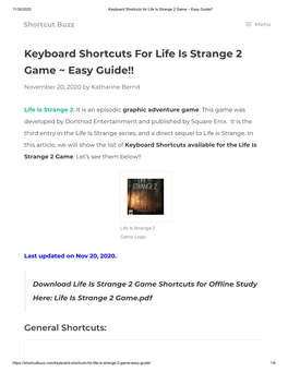 Keyboard Shortcuts for Life Is Strange 2 Game ~ Easy Guide!!