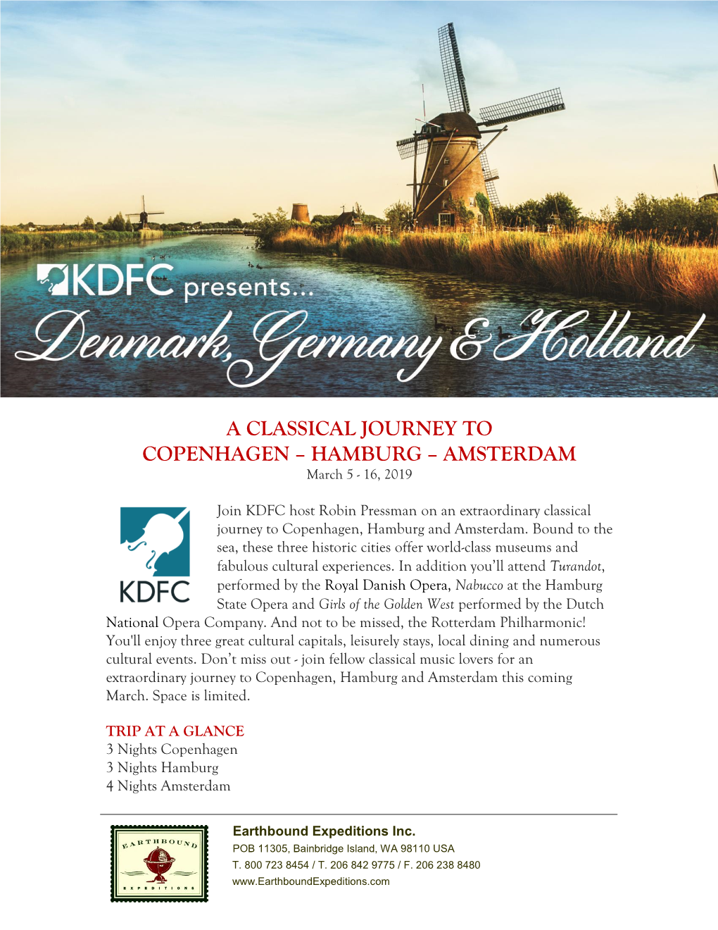 A CLASSICAL JOURNEY to COPENHAGEN – HAMBURG – AMSTERDAM March 5 - 16, 2019