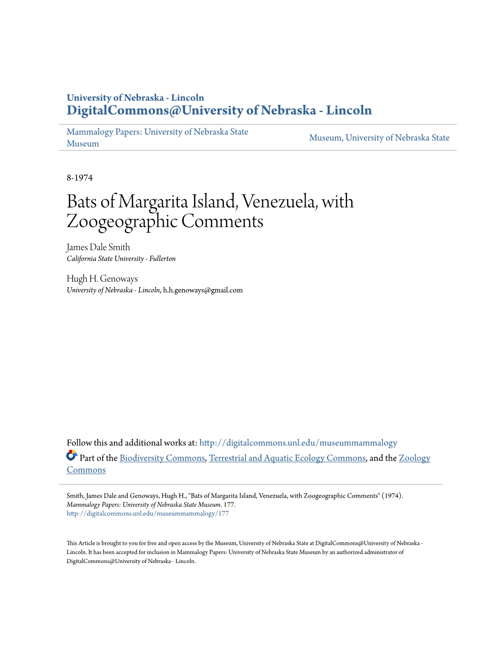 Bats of Margarita Island, Venezuela, with Zoogeographic Comments James Dale Smith California State University - Fullerton