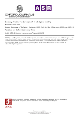 Becoming Muslim: the Development of a Religious Identity Author(S): Lori Peek Source: Sociology of Religion , Autumn, 2005, Vol