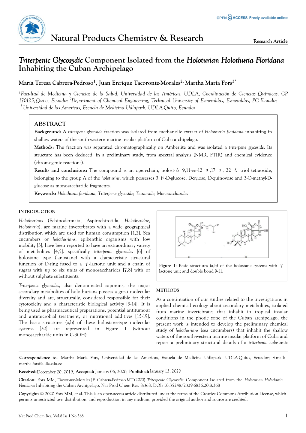 Triterpenic Glycosydic Component Isolated from the Holoturian Holothuria Floridana Inhabiting the Cuban Archipelago