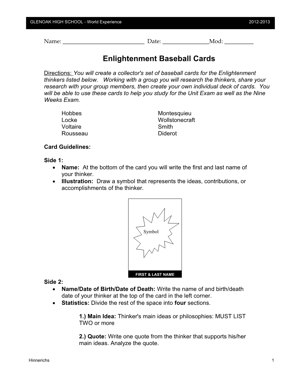 Enlightenment Thinker Baseball Card Project