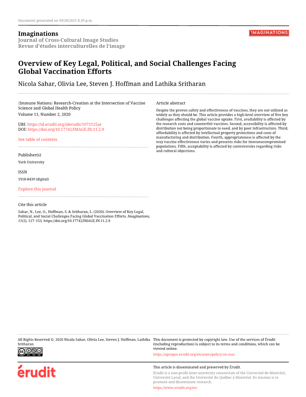 Overview of Key Legal, Political, and Social Challenges Facing Global Vaccination Efforts Nicola Sahar, Olivia Lee, Steven J