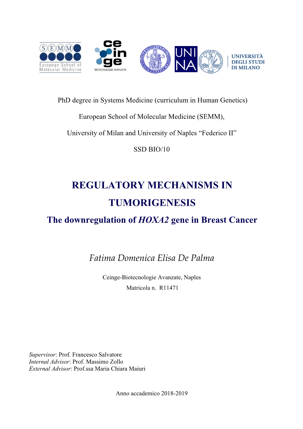 REGULATORY MECHANISMS in TUMORIGENESIS the Downregulation of HOXA2 Gene in Breast Cancer