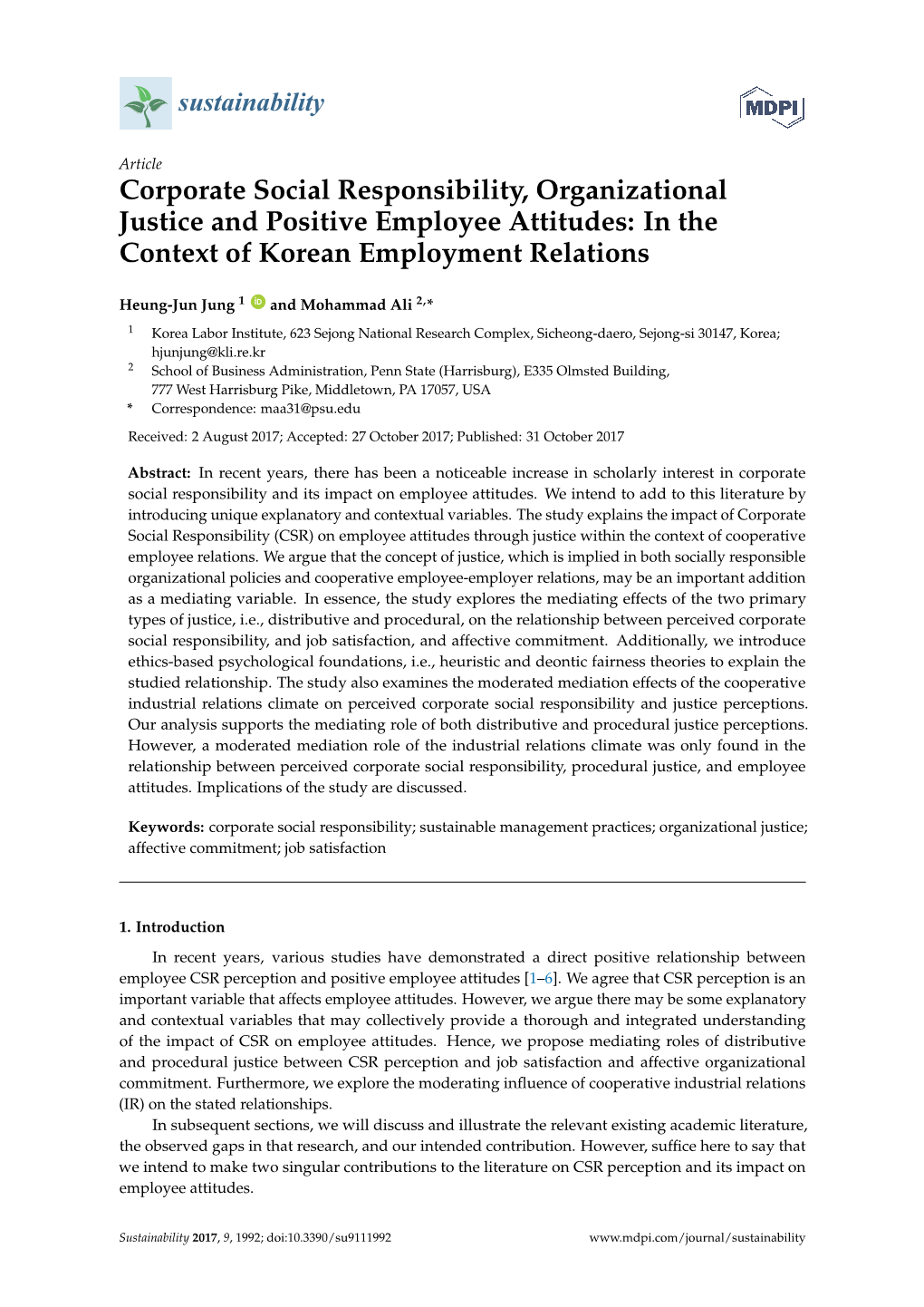 Corporate Social Responsibility, Organizational Justice and Positive Employee Attitudes: in the Context of Korean Employment Relations