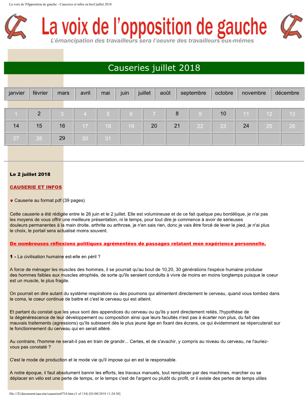 La Voix De L'opposition De Gauche - Causeries Et Infos En Bref Juillet 2018