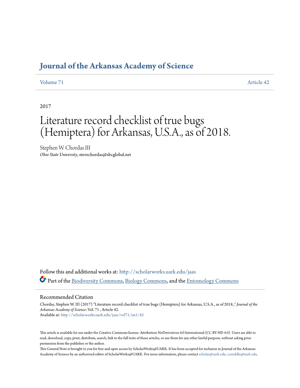 (Hemiptera) for Arkansas, USA, As of 2018