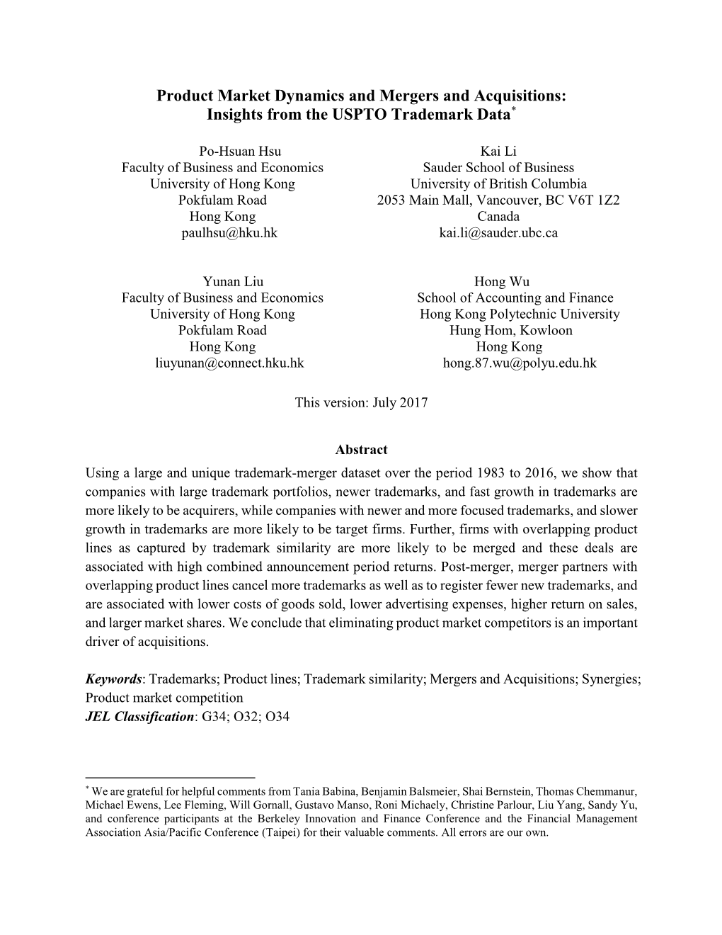 Product Market Dynamics and Mergers and Acquisitions: Insights from the USPTO Trademark Data*