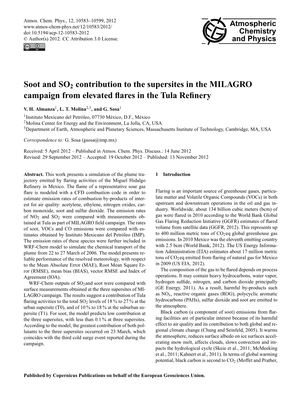 Soot and SO2 Contribution to the Supersites in the MILAGRO Campaign from Elevated Flares in the Tula Refinery