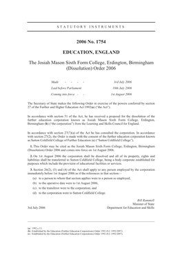 2006 No. 1754 EDUCATION, ENGLAND the Josiah Mason Sixth