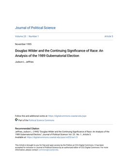 Douglas Wilder and the Continuing Significance of Race: an Analysis of the 1989 Gubernatorial Election