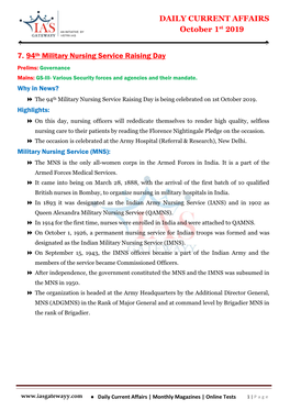 DAILY CURRENT AFFAIRS October 1St 2019 7. 94Th Military Nursing