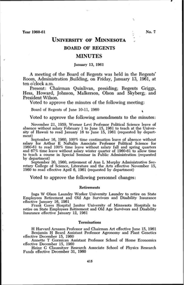 OF MINNESOTA BOARD of REGENTS MINUTES January 13, 1961